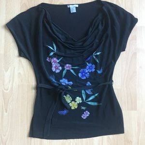 Floral and Butterfly Cowl Neck Top